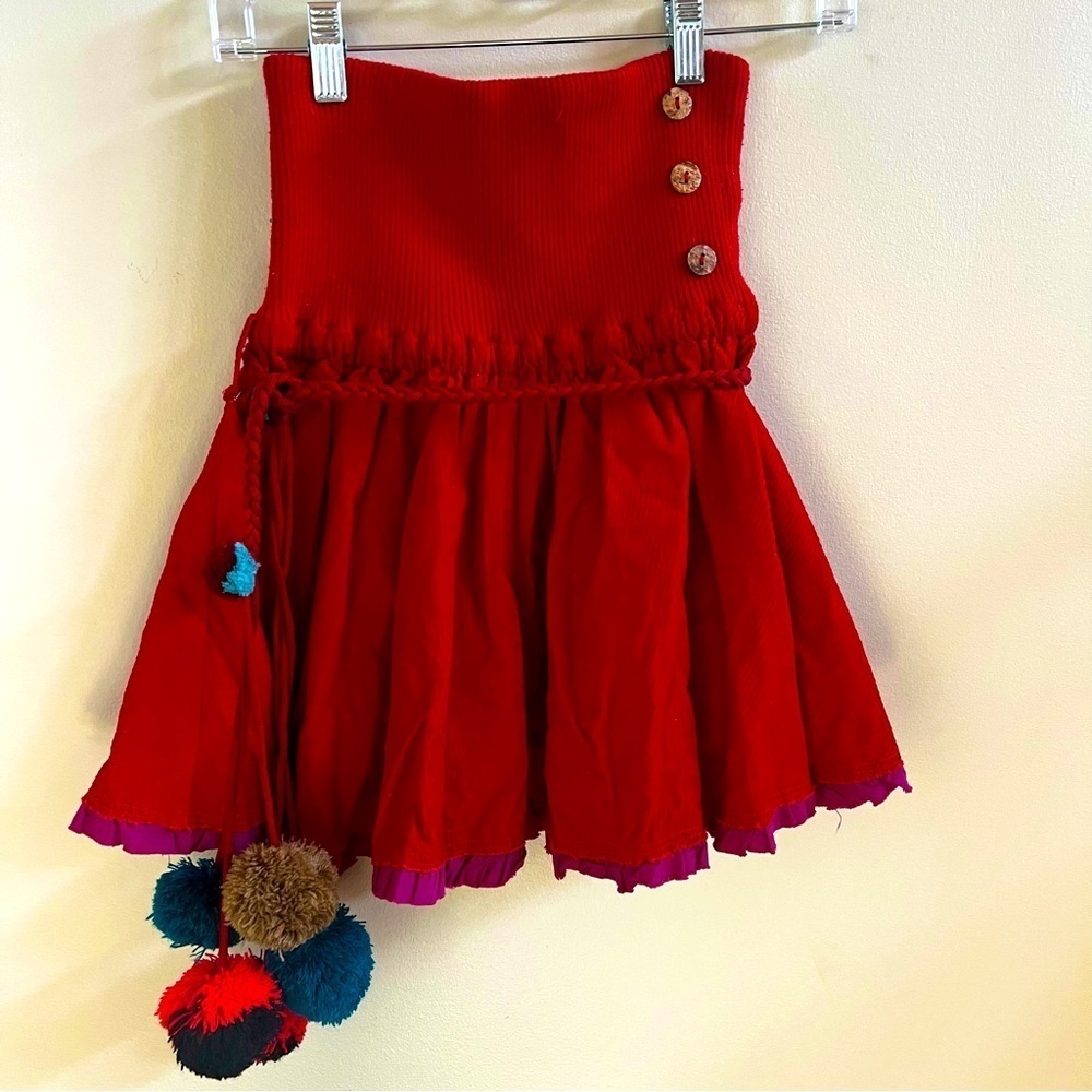 VINTAGE Free People: Red Corduroy Skirt purple tier  and removable Pom-pom belt